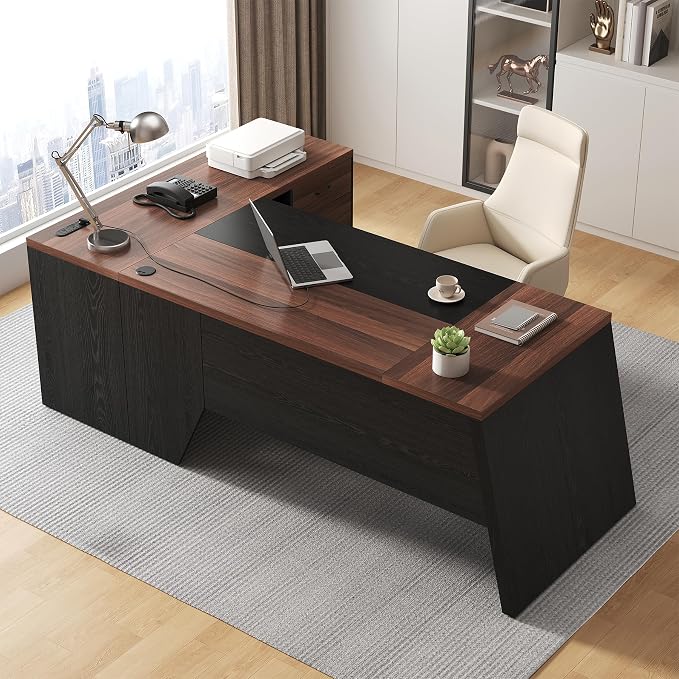 Epecoya L-Shaped Executive Desk with Drawer, 78-Inch Large Home Office Desk with Cord Hold and Power Outlet, Modern Computer Table with Lateral File Cabinet,Open Shelf and PC Stand, Walnut Brown Black