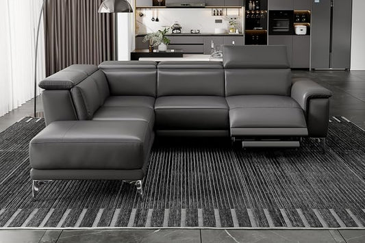 Valencia Pista 113" Cloudy Grey Full Leather Reclining Sectional Sofa with Left Hand Chaise | Power Recliner Chair, Nappa 11000 Leather | L Shaped Couch for Living Room Furniture