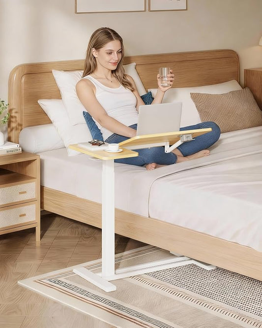 SANODESK Small Rolling Overbed Table Adjustable Height with Wheels, Mobile Laptop Desk with Tilting Desktop, Portable Computer Workstation for Home Office, Classroom, Bedside, Maple