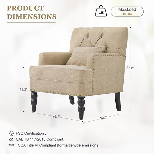 HUIMO Tufted Club Chair,Accent Chair with Lumbar Pillow, Upholstered Button Armchair, Linen Fabric Sofa Chairs for Bedroom, Living Room, Mid Century Modern with Studded Reading Chair Brown