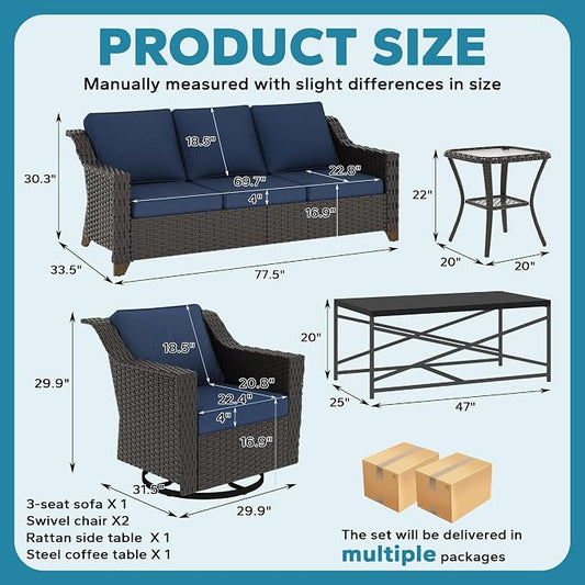 5 Pieces Outdoor Conversation Furniture Set - 77" Patio Sofa, 2 Swivel Rocker Chairs, 1 Side Table, 1 Metal Table, Patio Wicker Couch Set with Washable Cushions for Porch (Navy Blue)