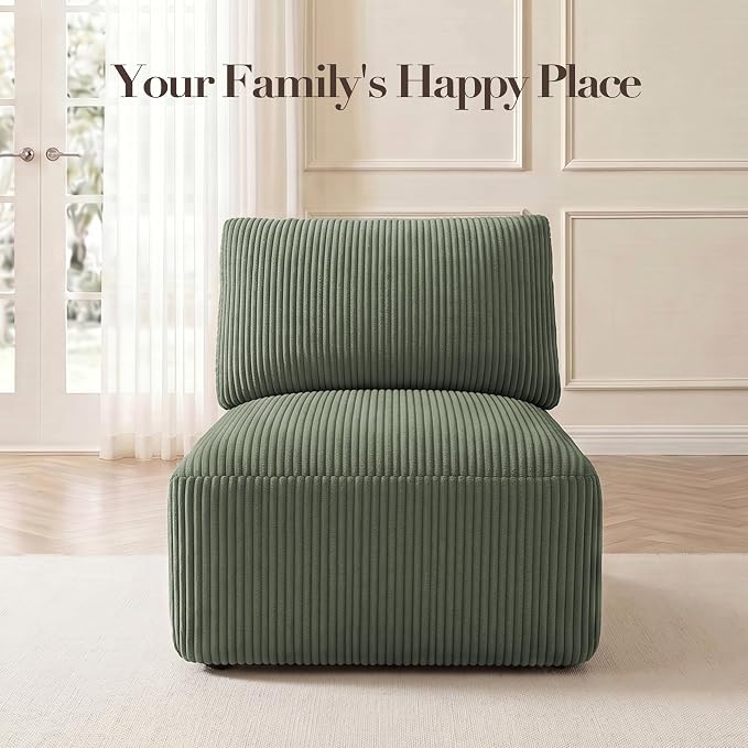 Modular Sectional Sofa Extension, Armless Memory Foam Cloud Chair, 31" Boneless Corduroy Upholstered Single Seat, No Assembly Required Accent Chair for Living Room Apartment Home Decor, Green