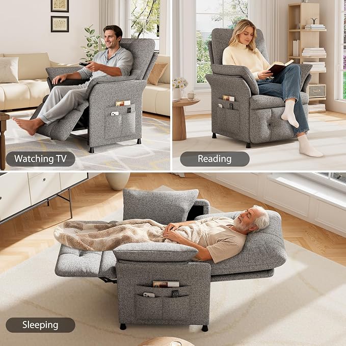 Power Recliner Chair for Adults with Heat & Massage - Linen Electric Reclining Sofa with Remote Control, 3 Side Pockets, 180° Lay Sleeper for Living Room Home Theater, Light Grey