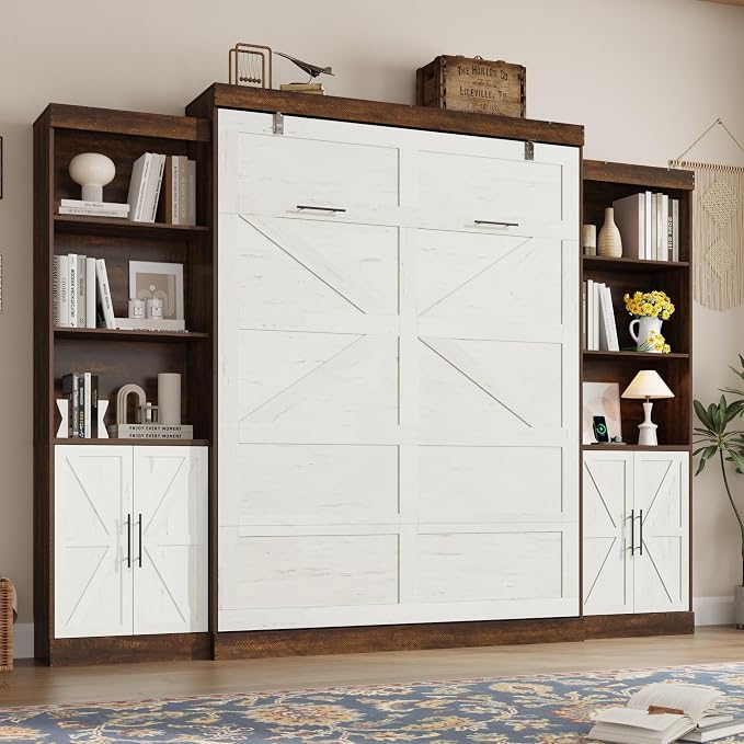 Hlivelood Queen Size Murphy Bed w/2 Storage Cabinet&2 LED Light, Farmhouse Wood Hidden Foldable Wall Bed Frame, Storage Bed Cabinet for Bedroom, Office, Space-Saving, No Box Spring Needed, White