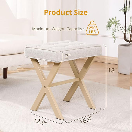 LUE BONA Square Linen Makeup Stool, Metal X Legs, Small Ottoman Stool Chair for Vanity, Modern Padded Seat Foot Rest for Makeup Room, Bathroom