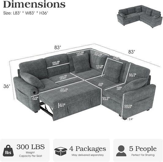 Ihanherry 83-inch 5-Seater Large Sectional Sofa Bed with Storage, Corduroy Reversible Modular Sleeper Sofa with USB Port & 4 Pillows, Convertible L-Shaped Couch for Living Room(Gray)