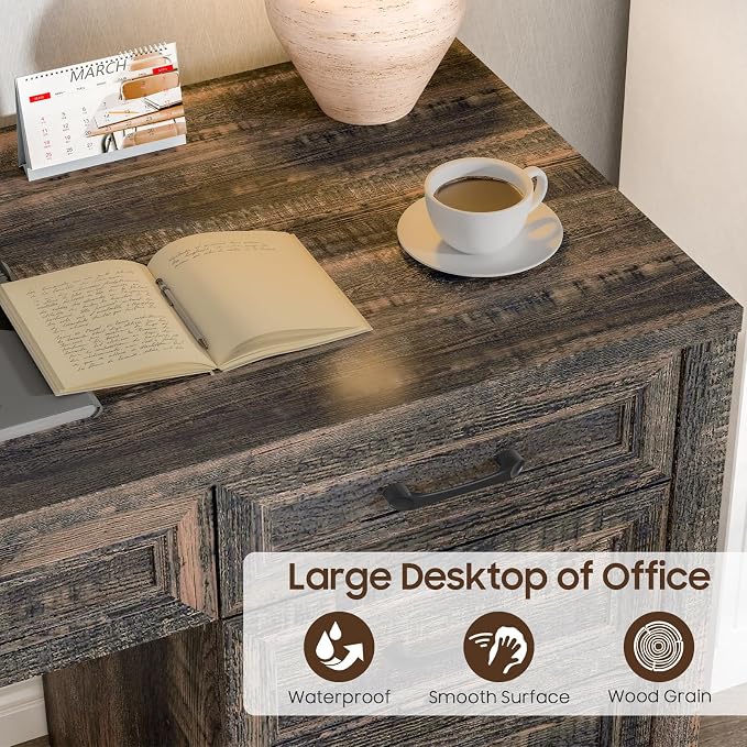 Vabches Farmhouse Executive Desk with Storage and Ample File Drawer, Rustic Large Home Writing Desk for Bedroom, Dark Oak