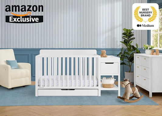 Delta Children Maya 5-in-1 Convertible Crib and Changer with Storage, Converts to Toddler Bed, Daybed, Sofa & Full Bed, Greenguard Gold Certified, 3 Mattress Heights for Baby, Bianca White
