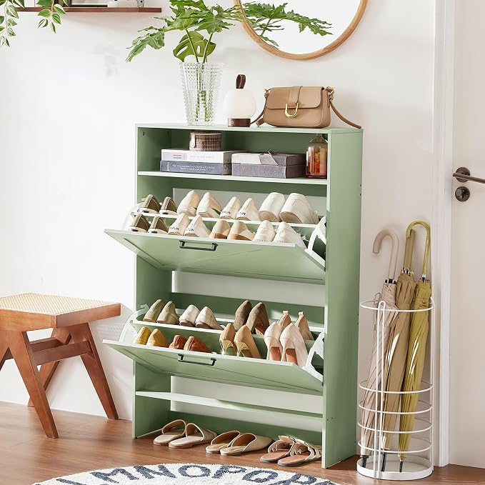 RWYHG Shoe Cabinet Storage for Entryway with 2 Flip Drawers Open Storage Layer Rack Narrow Organizer Slim Hidden Wood Shoe Cabinet Furniture Green