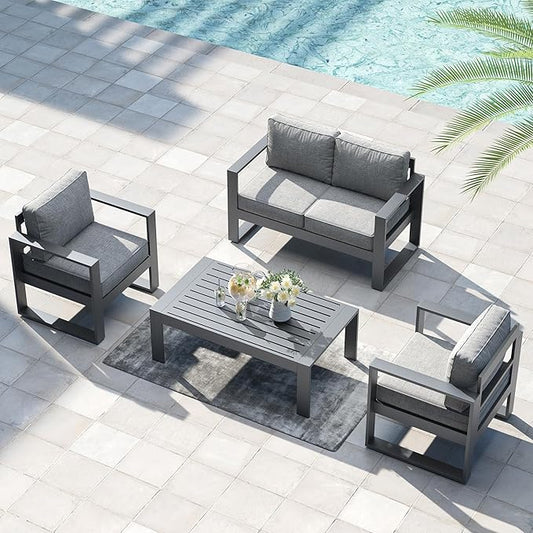 LayinSun Outdoor Patio Aluminum Loveseat, Metal Modern 2-Seat Sofa with Washable Thick Cushions