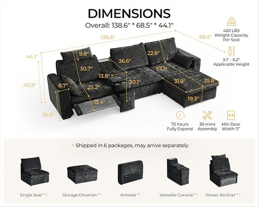 138.6'' Oversized Power Recliner Sofa with Headrest, Modular Cloud Sectional Couch with Convertible Table, Charging, Drawer, Cup Holder, 4-Seater with Storage Ottoman, Chenille, Black