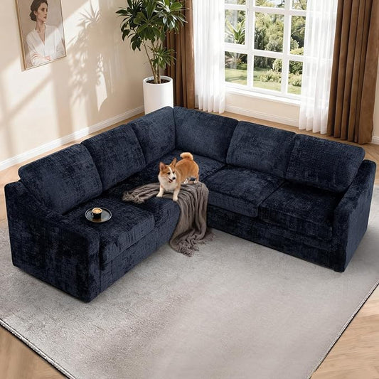 89" Chenille Sectional Sofa with High Density Sponge, Modern 5-Seats Corner Couch with Deep Seat, Comfy Modular L Shaped Couch with Comfortable Back Cushions for Living Room, Blue