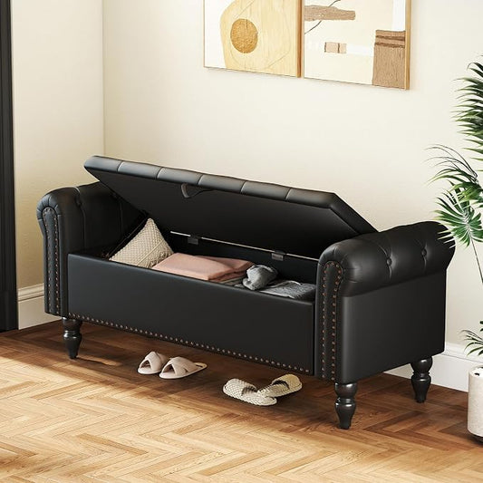 Furniliving 51” End of Bed Bench, Bedroom Bench with Button-Tufted, Large Upholstered Storage Ottoman Benches Entryway Bench with Storage Shoe Cabinet Bench, for Bedroom, Living Room, PU, Black