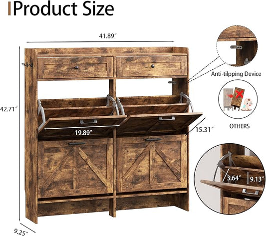 Shoe Cabinet with 4 Flip Drawers & 2 Top Drawers, 43" Tall Freestanding Narrow Wooden Shoe Storage Organizer for Entryway, Hidden Slim Shoe Rack for Front Door Entrance, Hallway, Living Room, Brown