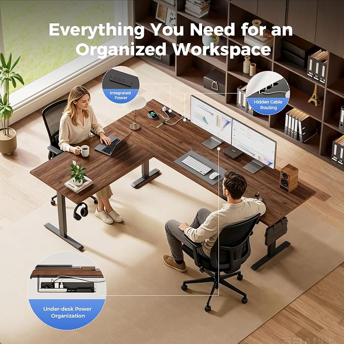 Agilestic Electric L Shaped Standing Desk 63 x 55 Inch with Power Outlet, Height Adjustable Corner Stand up Desk with Cable Management,Sit Stand Home Office Workstation with Splice Board, Dark Walnut