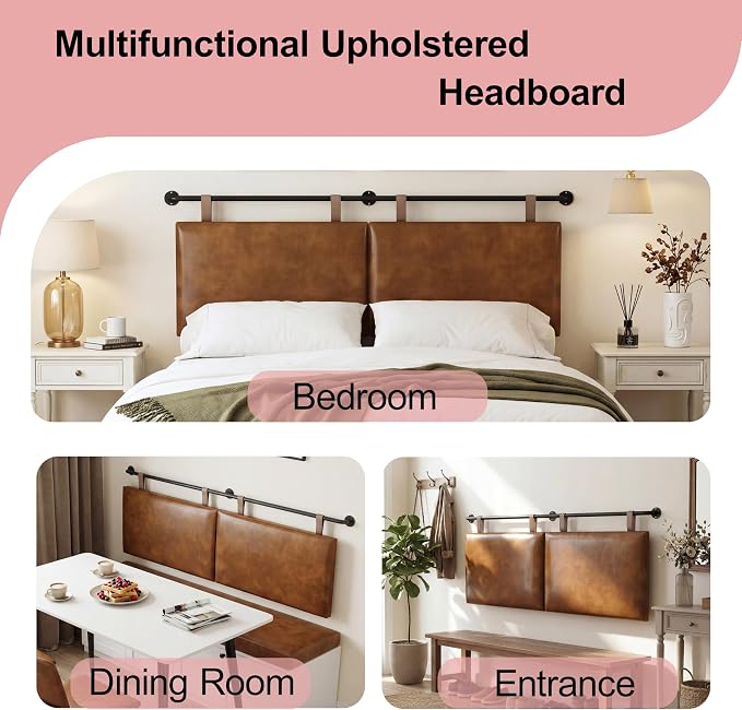 Queen Size Headboard, Wall Mounted Hanging Upholstered Bed Headboard with Modern Design Faux Leather Padded Headboards Ideal for Bedroom (Brown Leather, Queen