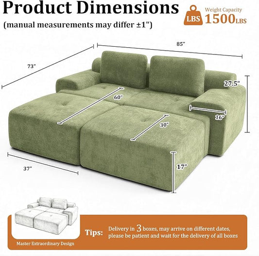 85" Oversized Boneless Couch, Comfort Cloud Sectional Couches for Living Room, Modular Sofa High Back & Extra Deep Seat, No Assembly, Soft Chenille Fabric (Olive Green, 85 inch- Shaped(2+2))