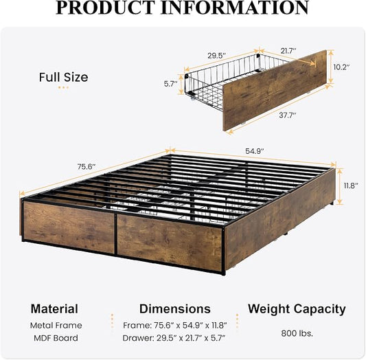 SHA CERLIN Full Size Bed Frame with Storage, 4 Extra Large Drawers on Wheels, Mattress Foundation, Strong Metal Slat Support, No Box Spring Needed, Easy Assembly
