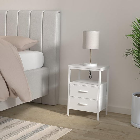 Huuger Nightstands Set of 2, End Tables with Charging Station, Side Tables with Fabric Drawers, Bedside Tables with USB Ports and Outlets, Night Stands, PU Leather, White