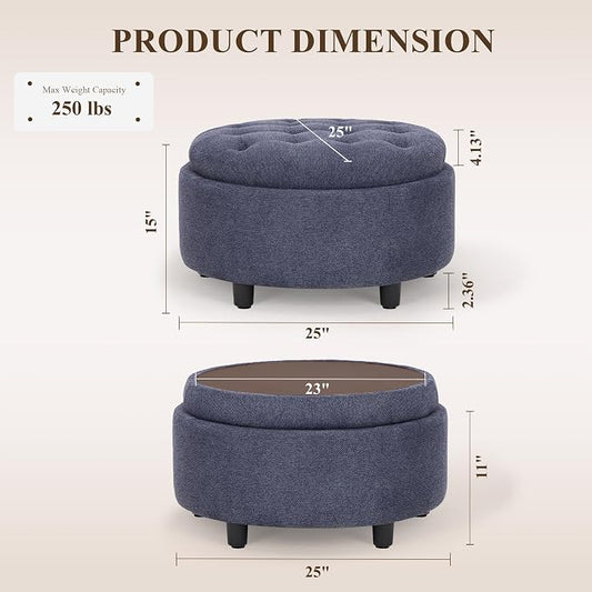 COLAMY Round Hidden Storage Ottoman with Reversible Tray Lid – Multi-Functional Footrest, Sturdy & Stylish Fabric Coffee Table for Living Room, Bedroom, or Entryway, Blue