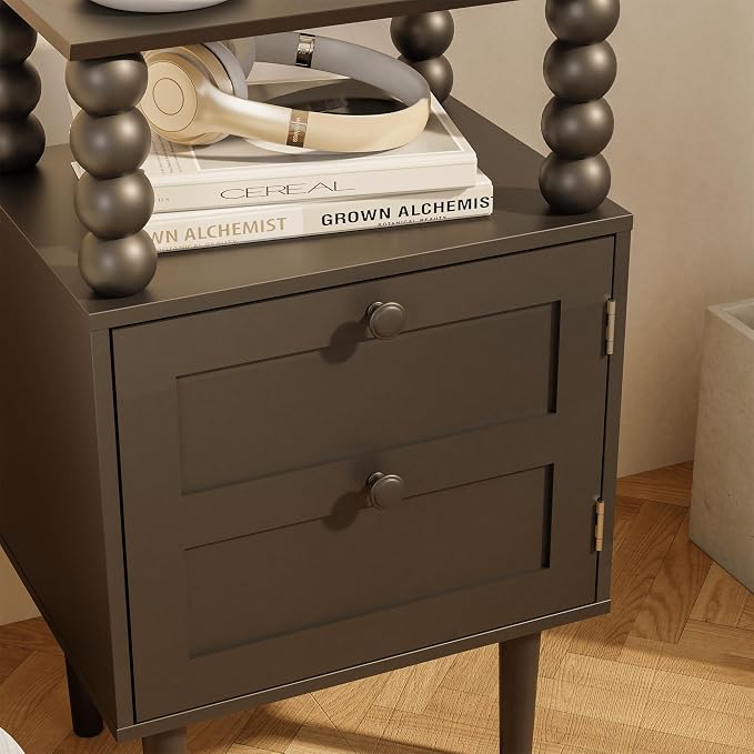 Nightstand with Storage Drawer and Open Wood Shelf,Solid Wood Legs (Black) | Mid-Century Modern Bedside Table for Bedroom and Small Spaces,Easy Assembly