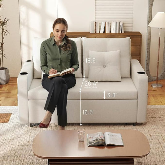 Krcix 3 in 1 Sofa Bed, 56 Inch Convertible Pull Out Couch, Loveseat Sleeper Sofa with Cup Holders, USB, Side Pockets, Multi-Function Couch Bed for Living Room, Apartment, Beige