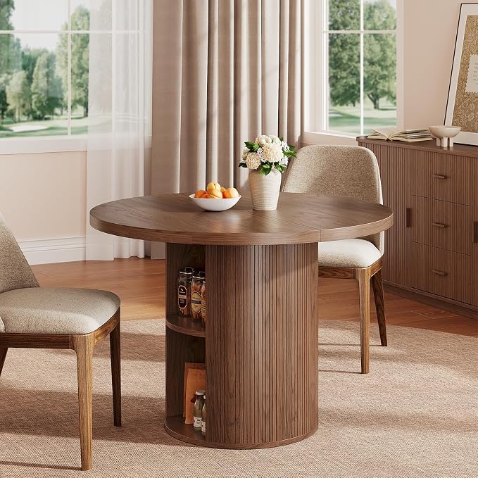 ONBRILL 41-78 Inch Extendable Dining Table for 4-8, Fluted Expandable Kitchen Table with Storage, 2 Leaf, Mid Century Modern Oval Dinner Tables for Dining Room, Kitchen, Living Room, Walnut