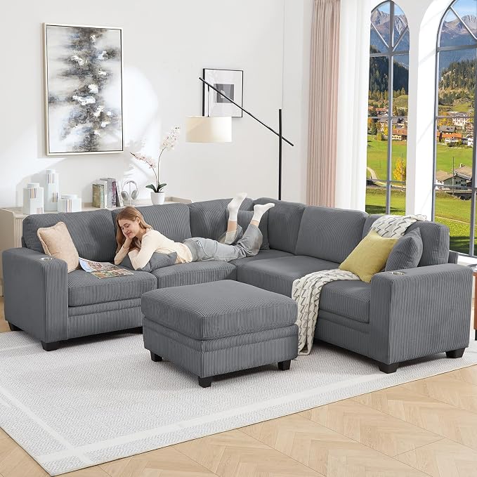127" Modular Sectional Sofa with Storage, Corduroy 7-Seater V-Shaped Sofa with Ottoman Chaise, Convertible L-Shaped U-Shaped Cloud Sectional Couches for Living Room, Apartment