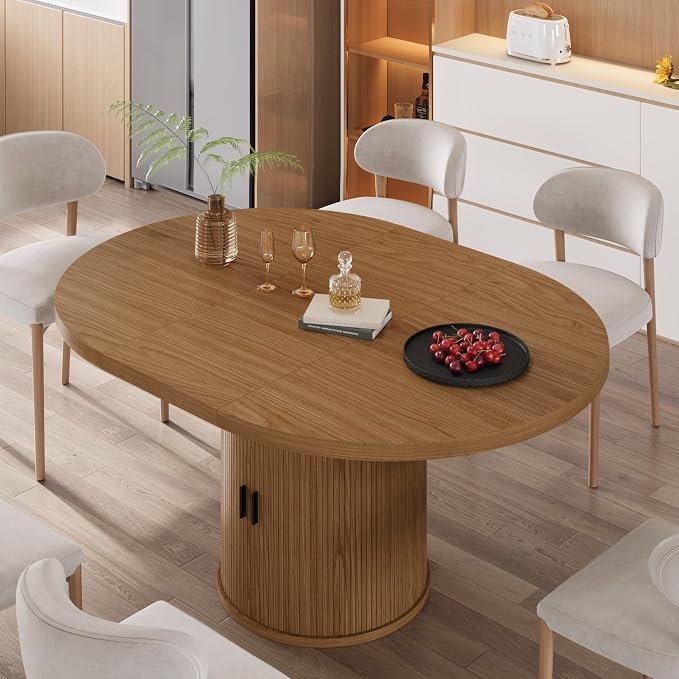 Vipbear Extendable Dining Table 43-59" for 4-6 People, Solid Wood Top with Fluted Slide Door & 8-Compartment Storage, Space Saving Round Dining Room Kitchen Dinner Tables with Pedestal Base (Walnut)