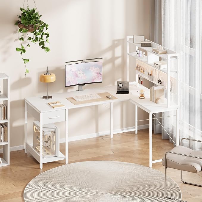 Apicizon L Shaped Gaming Desk 53", Reversible Corner Computer Desk with LED Lights, Carbon Fiber Surface, Pegboard with Hooks, Drawer & PC Tower Stand, USB Charging Port
