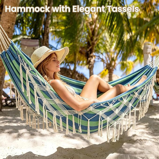 Bellzacasa Brazilian Double Camping Hammock, Portable Hammock Heavy Duty 500 lb Load Capacity Tassels and Fishtail Knitting with Carry Bag & Tree Straps for Patio Balcony Backyard, Blue Stripes