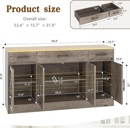 Vongrasig Buffet Cabinet with Drawers, 53” Large Sideboard Buffet Kitchen Storage Cabinet, Modern Farmhouse Coffee Bar with Shelves and Doors, Wood Buffet Table for Kitchen, Dining Room, Ash Grey