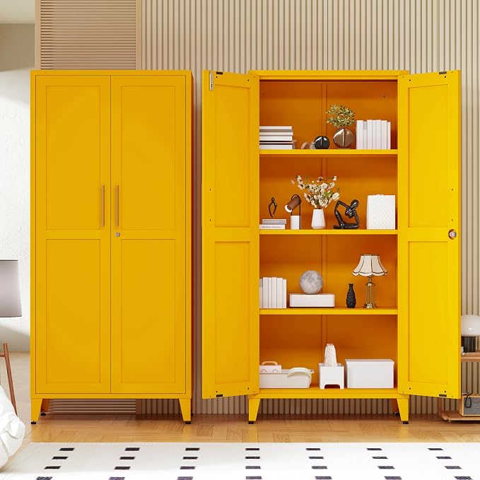 61" Tall Farmhouse Metal Storage Cabinet, Kitchen Pantry Storage Cabinets with 2 Barn Door and 3 Adjustable Shelves, for Home, Office, Kitchen, Laundry Room, Kids Room, Entryway, Yellow