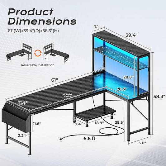 PRAISUN L Shaped Gaming Desk with LED Lights & Power Outlets, Reversible Computer Desk with Storage Shelves & Bag, Large Corner Home Office Desk with Pegboard for Work from Home, Carbon Fiber Black