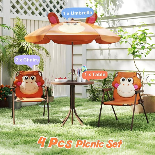 HONEY JOY Kids Picnic Table, Animal Themed Toddler Outdoor Table and Chair Set, 2 Folding Chairs & Removable Umbrella, Children Outdoor Furniture for Backyard Patio Garden (Brown Monkey)