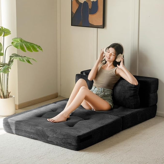 MAXYOYO Convertible Sofa Bed, Fold Out Loveseat Sofa Couch with Pillow, 4 in 1 Tufted Folding Couch Bed Foam Floor Couch, Lazy Chair for Living Room Bedroom Guest Room, Black