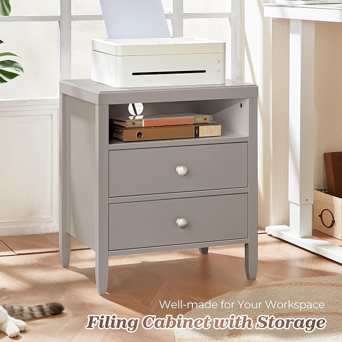 Huuger Grey Nightstand Set of 2, Night Stand with Charger Station, Bedside Table with 2 Drawers, Bed Side Tables for Bedroom, Modern Nightstands, Metal Knobs, Painted Surface