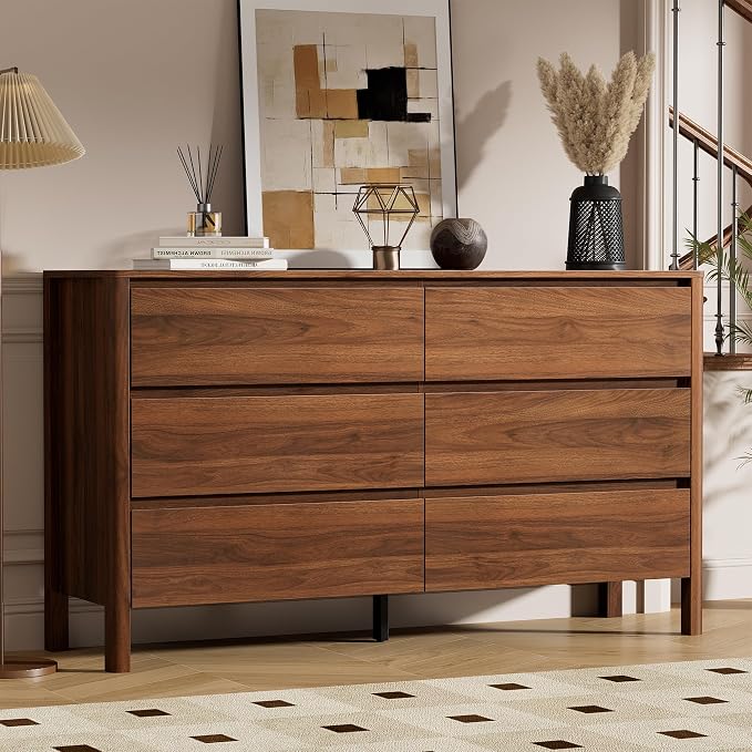 Furniway 55" Mid-Century Modern Dresser for Bedroom, 6 Drawer Wide Chest of Drawers with Wood Legs, Large Storage Bedroom Dresser, Walnut