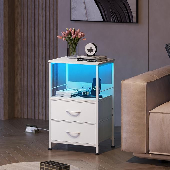 WLIVE White Night Stand with Charging Station, LED Nightstand with 2 Fabric Drawers and Storage Shelf, Dorm Bedside Table End Table with 2 USB Ports and Outlets, Small Dresser for Bedroom