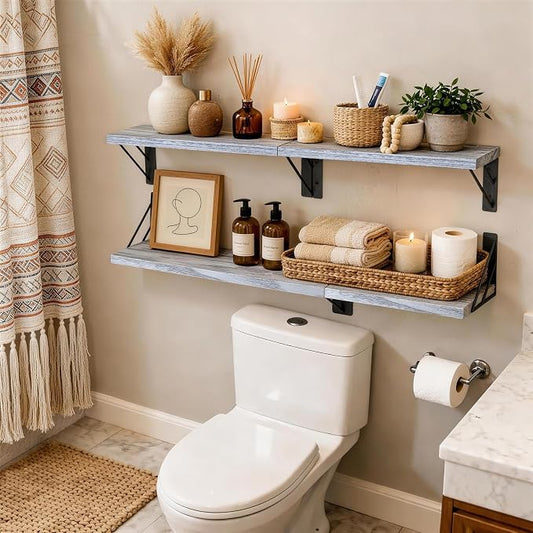 BAYKA Wall Shelves for Bedroom Decor, Floating Shelves for Living Room Kitchen Storage, Wall Mounted Rustic Wood Floating Shelves for Kids Books, Corner Shelf for Bathroom(Gray White,Set of 4)