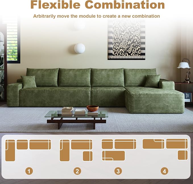 AUGOP 136" Sectional Couches for Living Room Modern Modular Sofa with L-Shape Couchs Upholstered Boneless Couch Deep Seat Sectional Couch with Chaise (Green, Right Facing Chaise+3Seaters)