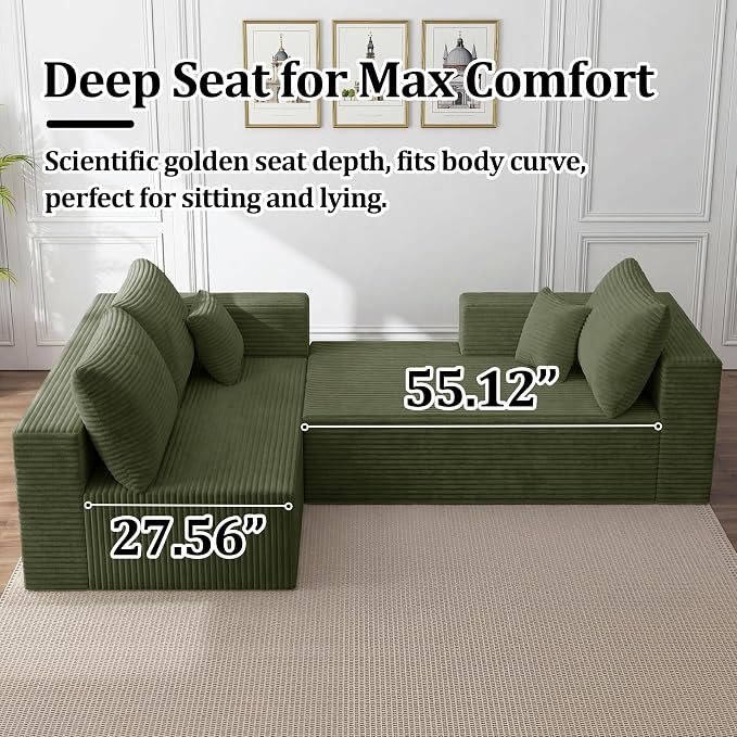92.5" Modular Sectional Sofa, L-Shape Cloud Couch with Deep Seats & Chaise, 4-in-1 Covertible Corduroy Boneless Couches for Living Room,Bedroom,No Need Assembly - Green(Right Facing Chaise)