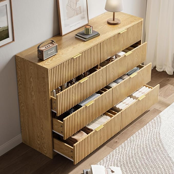 MAISONARIA 3-Piece Dresser Bedroom Set, 8 Drawer Dresser & 2 Drawer Nightstands with Gold Handles, Fluted Wood Chest of Drawers for Bedroom, Living Room, Entryway, Nature