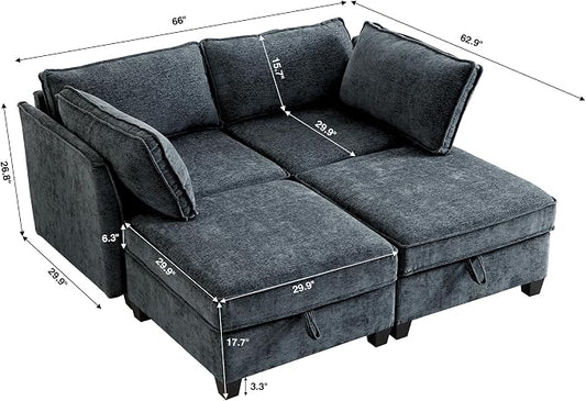 ORRD Sleeper Modular Sectional Sofa Set, Convertible Couch Bed with Storage, 4 Seater and 2 Armrestes Sofa Modular for Living Room, Office (Blue Grey)