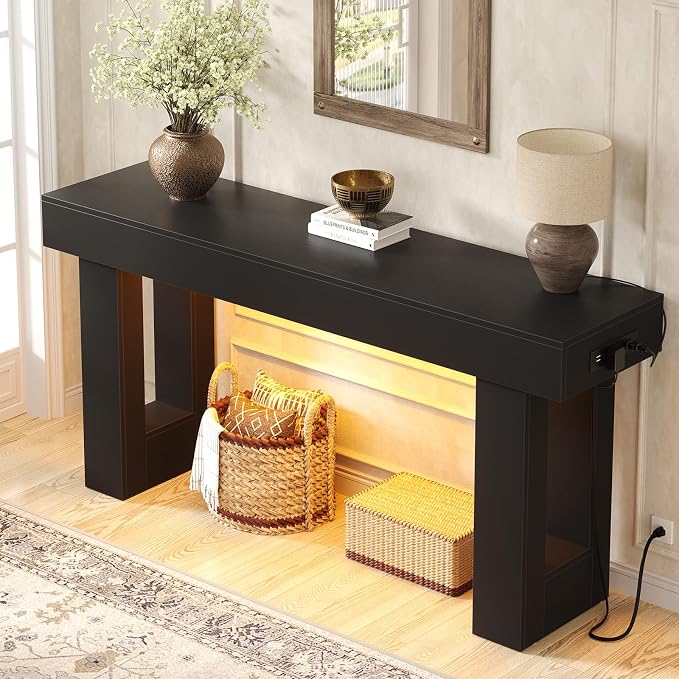 Unikito 63'' Farmhouse Console Table with Power Outlets and Sensor Light, Wooden Entryway Table with Storage, Rectangular Sofa Tables Behind The Couch for Entrance, Hallway, Living Room, Black