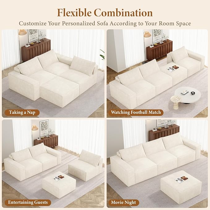 Vesgantti 114" Modular Boneless Couch, Modern 4 Sester Sectional Sofa with Deep Seat, Convertible Chenille L Shaped Cloud Couches for Living Room, No Assembly Required, Beige