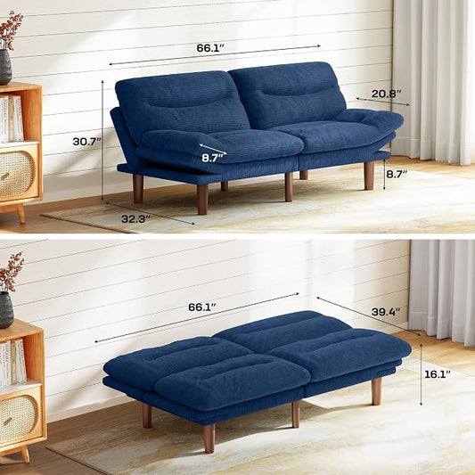 Marsail 66" Futon Sofa Bed, Convertible Corduroy Futon Couch with Adjustable Backrest & Armrests, Small Sleeper Sofa Loveseat for Living Room, Apartment, Blue