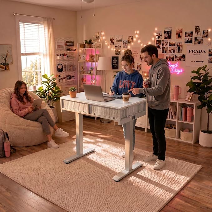 White Electric Standing Desk with Drawers, 32 Inch Small Adjustable Desk with Storage, Stand Up Computer Study Writing Desks for Small Space Home Office Bedroom, Sit Stand Work Desks for Walking Pad
