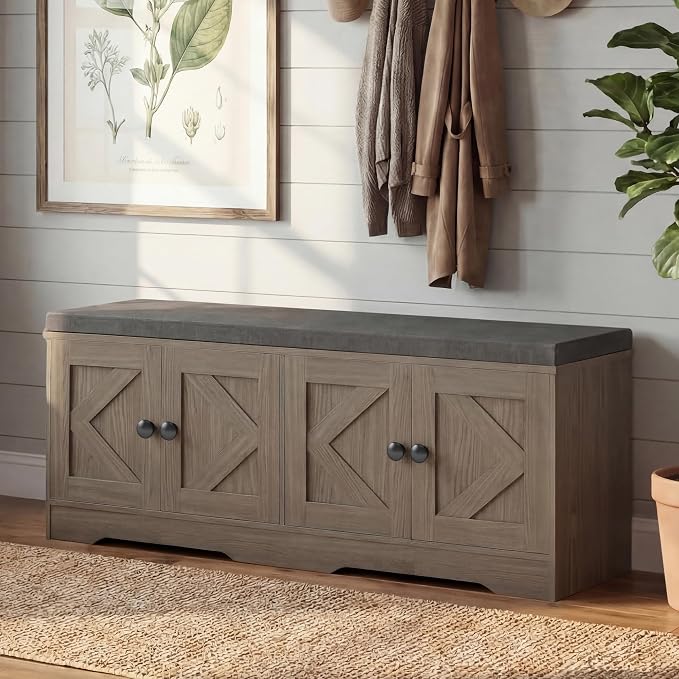 Apicizon Storage Bench with Seat Cushion, 2 Tier Entryway Bench with 4 Barn Doors, Adjustable Shelves, 47.36" Shoe Bench for Entryway Hallway Bedroom Living Room, Greige
