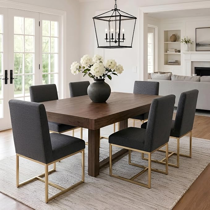 HNY Modern Dining Chairs Set of 6, Upholstered Linen Dining Room Chairs with Ergonomic Back & Polished Gold Metal Frame for Home, Kitchen, Apartment, Charcoal Black
